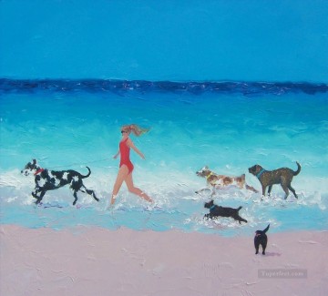 子供 Painting - ビーチを走る少女と犬 子供の印象派